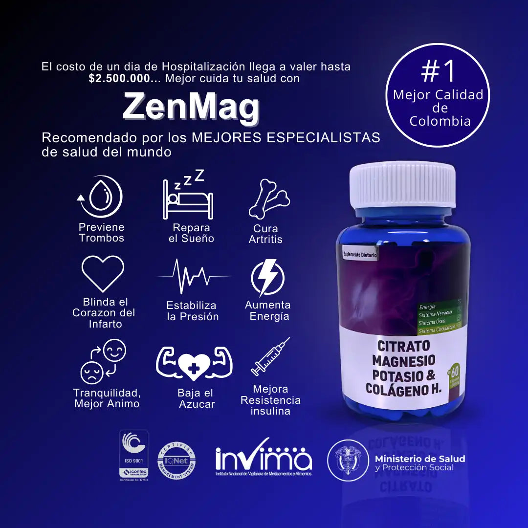 ZenMag Citrato de Magnesio + Potasio + Colageno Importado 60 Capsulas